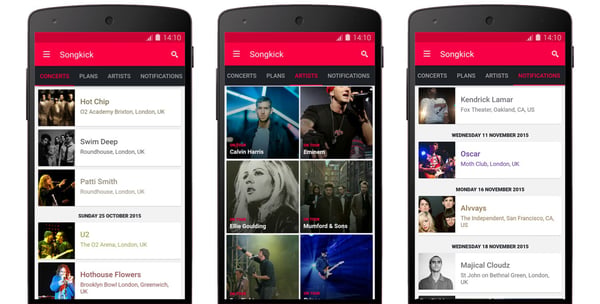 three mobile phones showing Songkick app on the screens